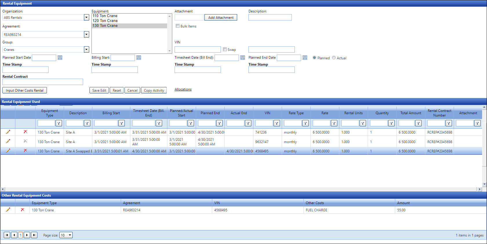 Input Other Rental Equipment Costs